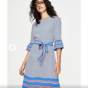 Boden Andrea Blue Red White Belted Midi Long Sleeve Dress Size 17L